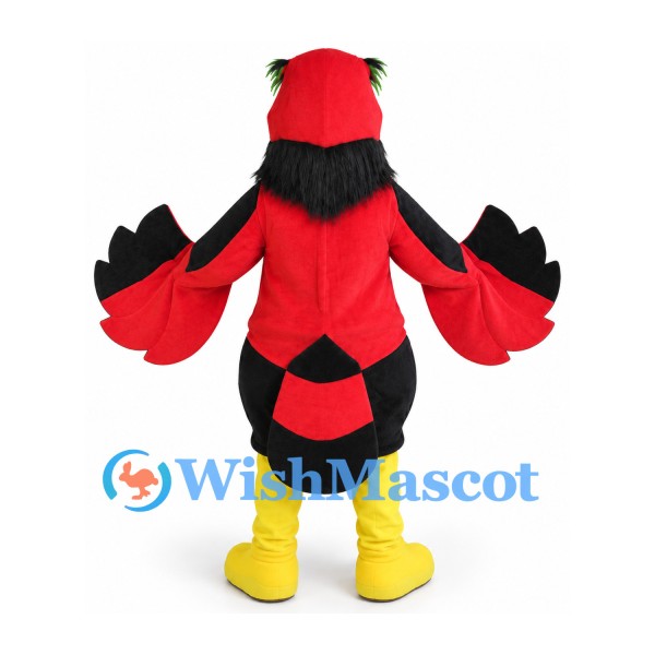 Cardinal Mascot Costume in Red and Black with Yellow Beak