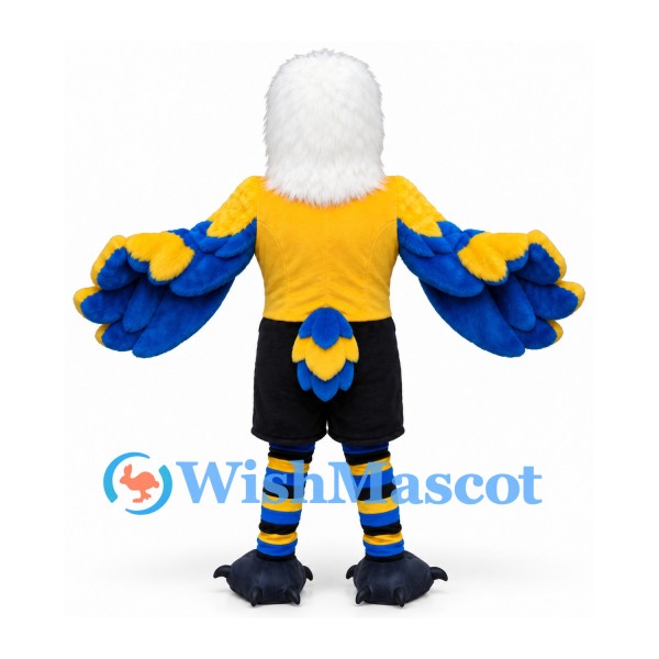 Eagle Mascot Costume with Yellow Jersey and Spread Blue Wings