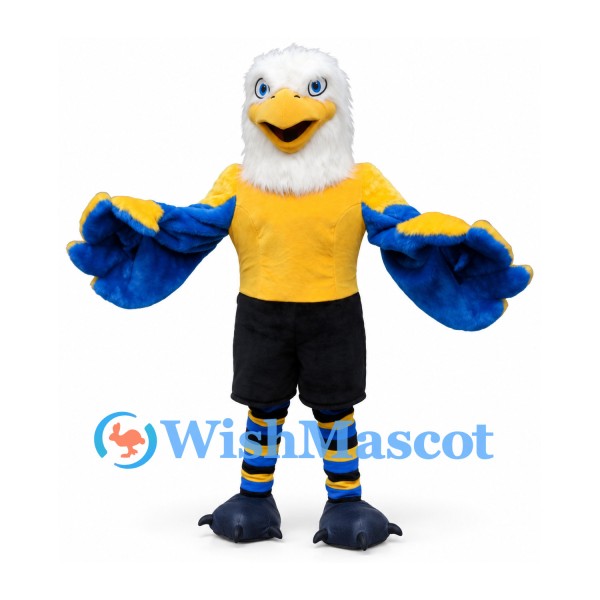 Eagle Mascot Costume with Yellow Jersey and Spread Blue Wings