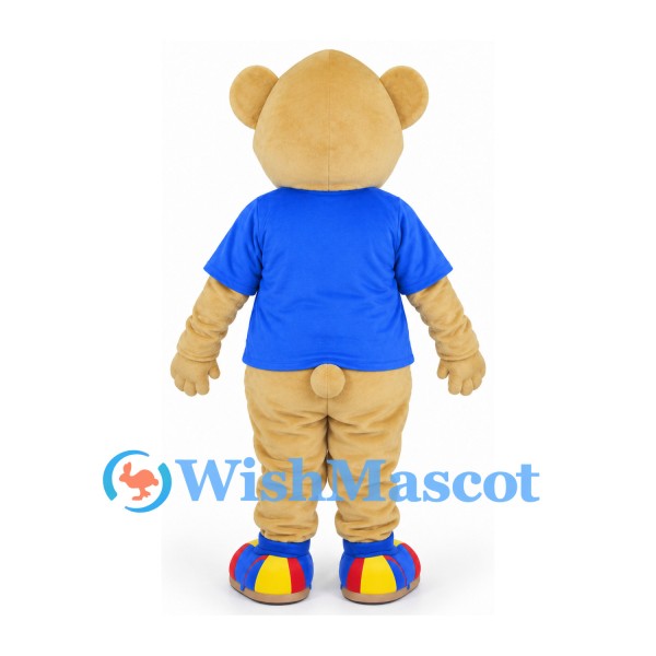 Teddy Bear Mascot Costume in Tan with Blue Shirt