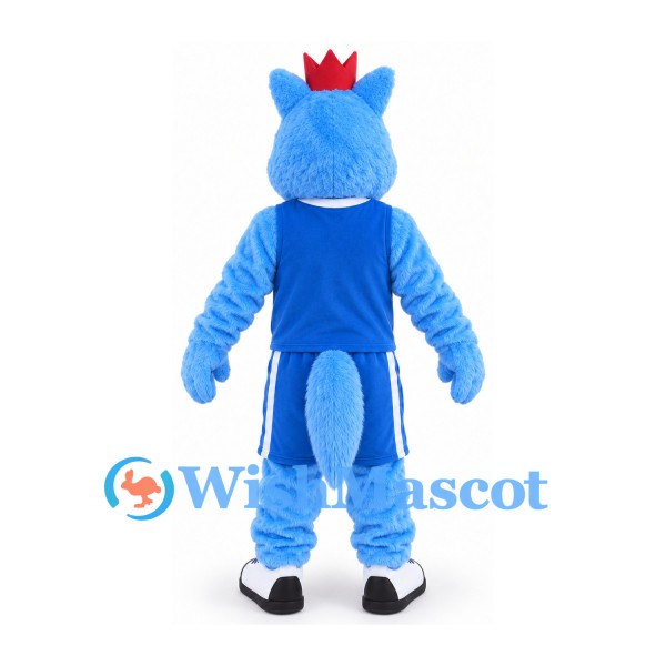 Wolf Mascot Costume in Blue with Red Crown and Sports Outfit