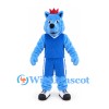 Wolf Mascot Costume in Blue with Red Crown and Sports Outfit