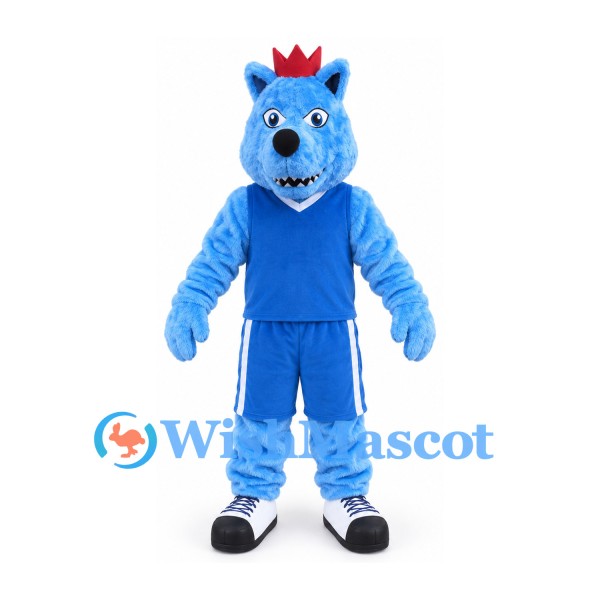 Wolf Mascot Costume in Blue with Red Crown and Sports Outfit