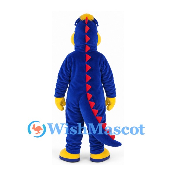 Dinosaur Mascot Costume in Navy with Yellow Belly and Red Back Spikes