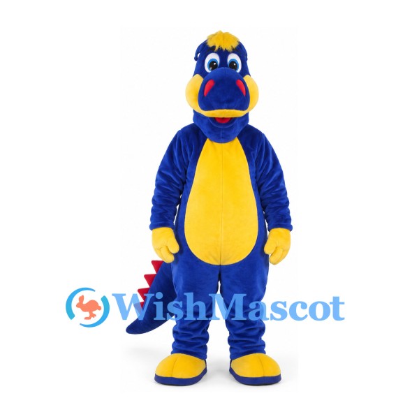 Dinosaur Mascot Costume in Navy with Yellow Belly and Red Back Spikes
