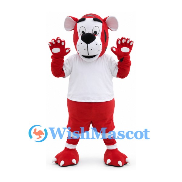 Tiger Mascot Costume in Red with White Sports Shirt