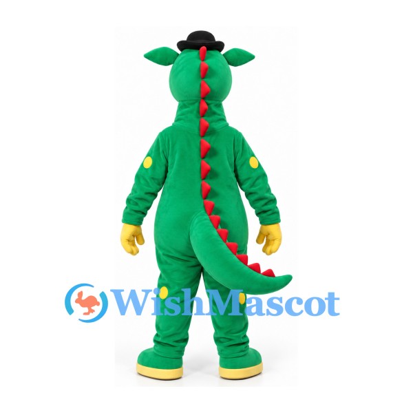 Dragon Mascot Costume with Black Hat and Green Yellow Outfit