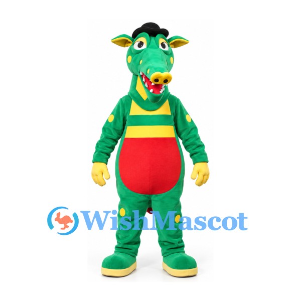 Dragon Mascot Costume with Black Hat and Green Yellow Outfit
