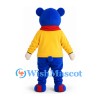 Bear Mascot Costume in Blue with Yellow Sweater and Red Scarf