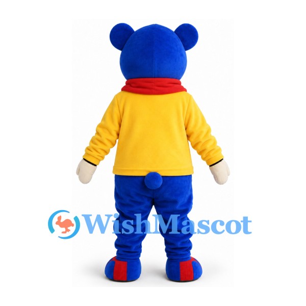 Bear Mascot Costume in Blue with Yellow Sweater and Red Scarf