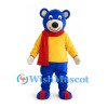Bear Mascot Costume in Blue with Yellow Sweater and Red Scarf
