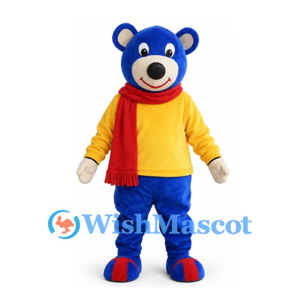 Bear Mascot Costume in Blue with Yellow Sweater and Red Scarf