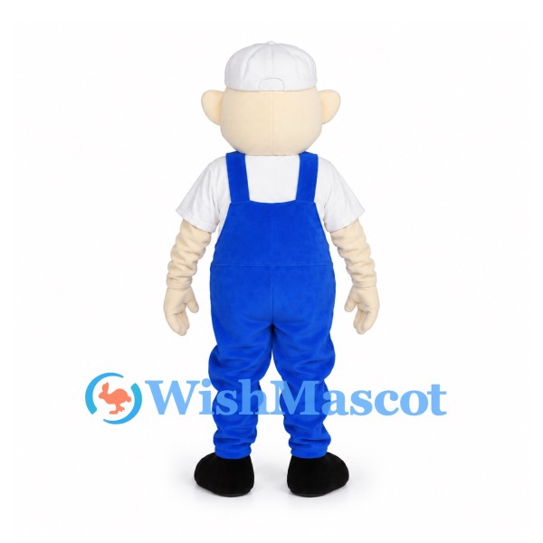 Worker Mascot Costume with White Cap and Blue Overalls