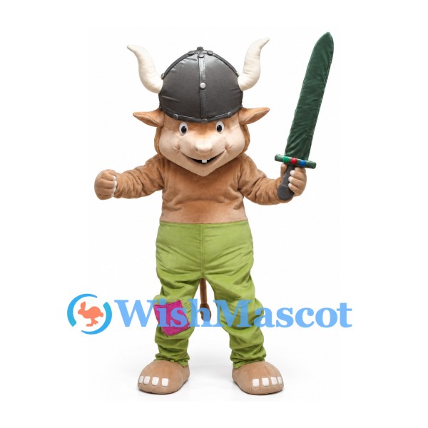 Viking Bull Mascot Costume with Horned Helmet and Green Pants