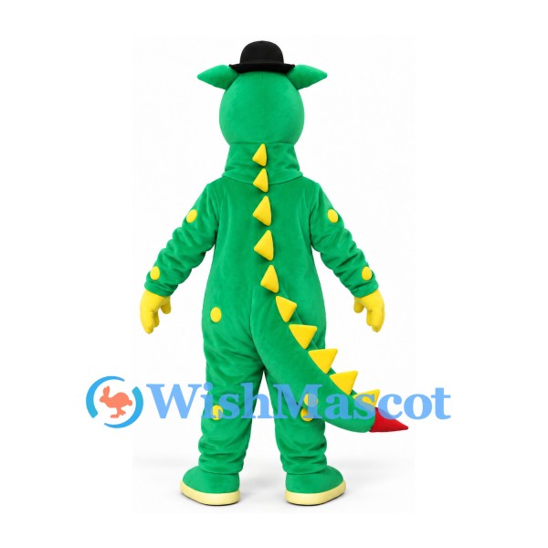 Dragon Mascot Costume with Black Hat and Yellow Back Spikes