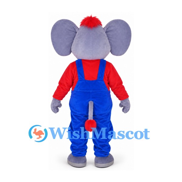 Elephant Mascot Costume in Gray with Blue Overalls