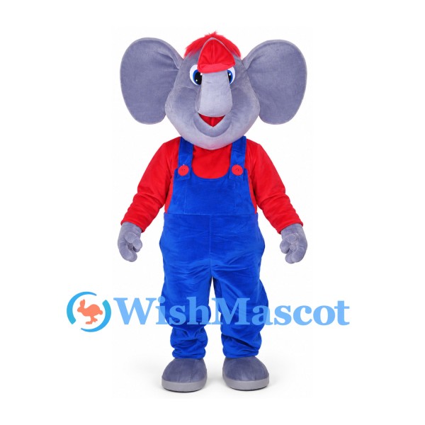 Elephant Mascot Costume in Gray with Blue Overalls