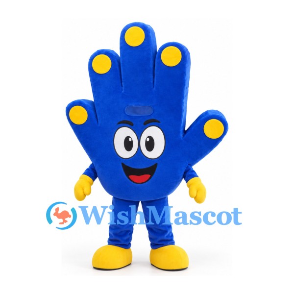 Hand Mascot Costume in Blue with Yellow Fingertips