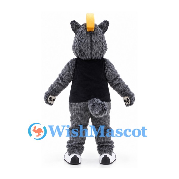 Wolf Mascot Costume in Gray with Black Shirt and Yellow Mohawk