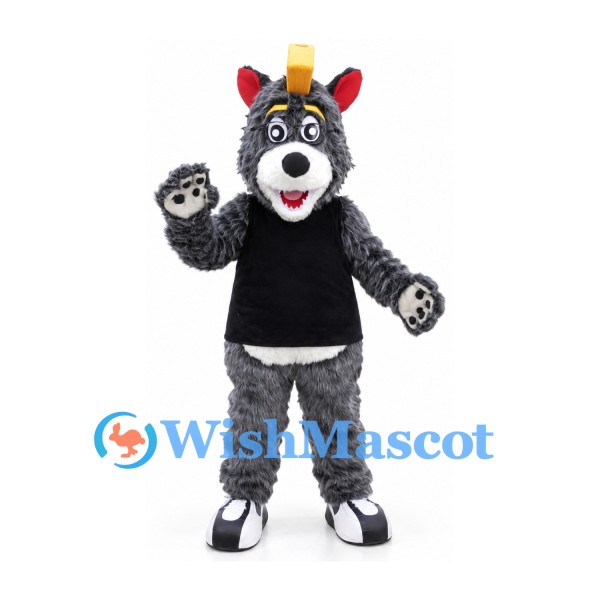 Wolf Mascot Costume in Gray with Black Shirt and Yellow Mohawk