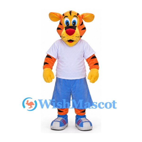 Tiger Mascot Costume with Lavender Polo Shirt and Blue Shorts