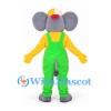 Elephant Mascot Costume with Green Overalls and Multicolor Cap