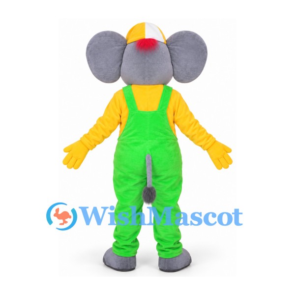 Elephant Mascot Costume with Green Overalls and Multicolor Cap