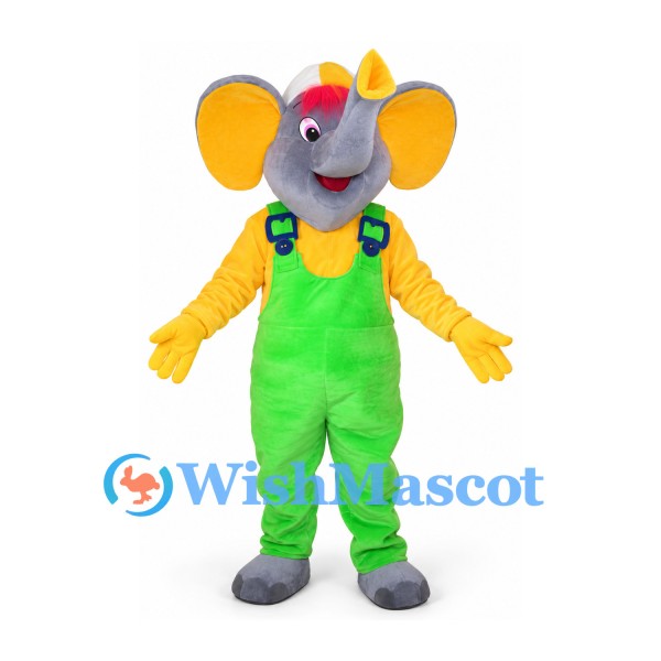 Elephant Mascot Costume with Green Overalls and Multicolor Cap