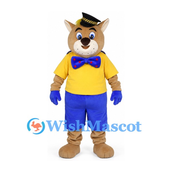 Cat Mascot Costume with Black Hat and Blue Bow Tie