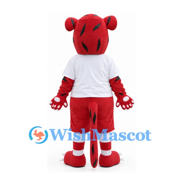 Tiger Mascot Costume in Red with White Shirt and Red Shorts
