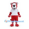 Tiger Mascot Costume in Red with White Shirt and Red Shorts