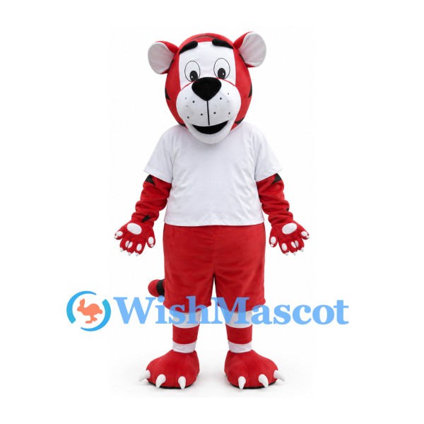 Tiger Mascot Costume in Red with White Shirt and Red Shorts