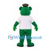 Bear Mascot Costume in Green with White Shirt and Brown Hat