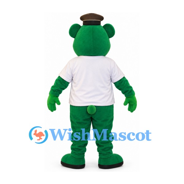Bear Mascot Costume in Green with White Shirt and Brown Hat