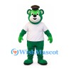 Bear Mascot Costume in Green with White Shirt and Brown Hat