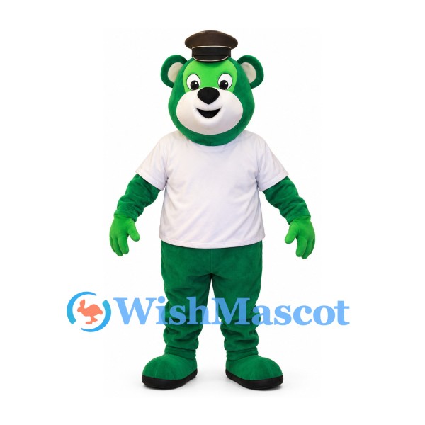 Bear Mascot Costume in Green with White Shirt and Brown Hat