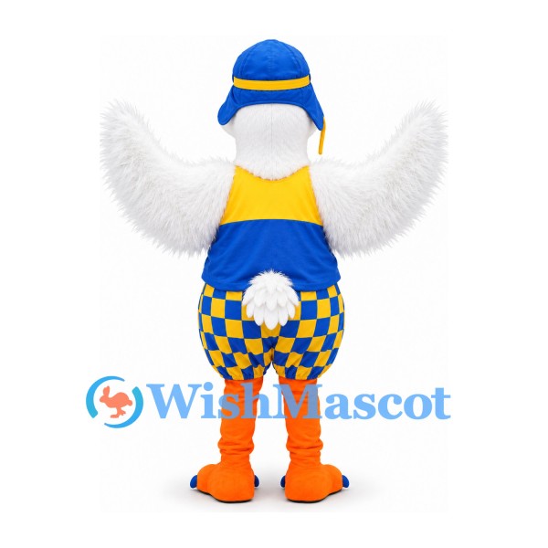 Duck Mascot Costume with Blue Helmet and Checkered Overalls