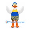Duck Mascot Costume with Blue Helmet and Checkered Overalls