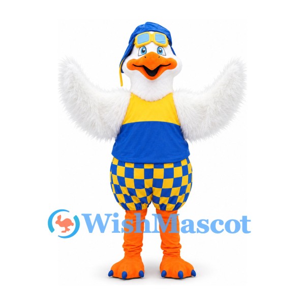 Duck Mascot Costume with Blue Helmet and Checkered Overalls