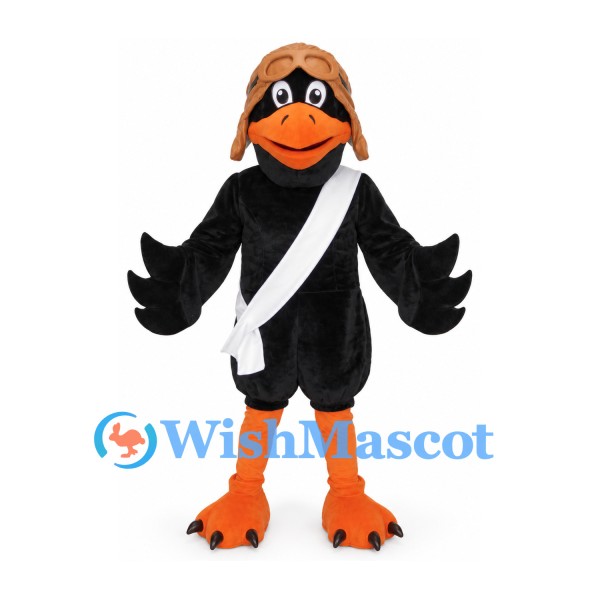 Crow Mascot Costume with Brown Helmet and White Shoulder Strap