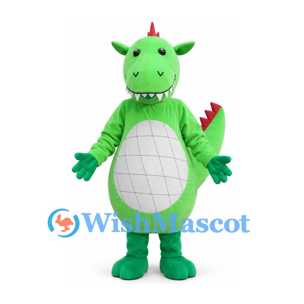 Dragon Mascot Costume in Green with Red Spines and Gray Belly
