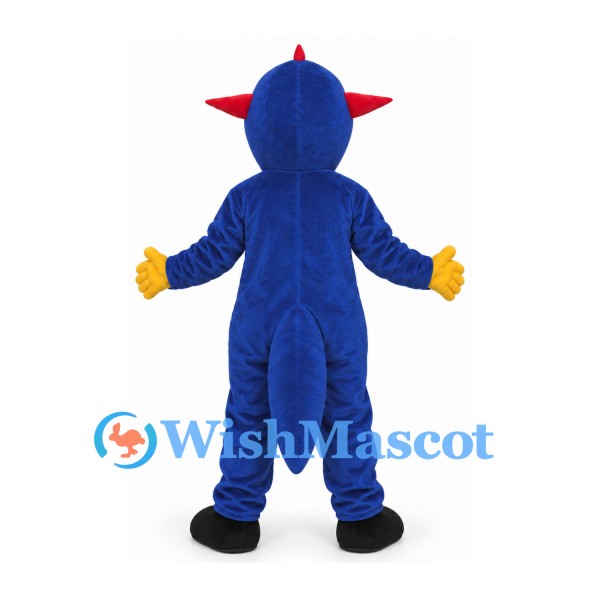 Monster Mascot Costume in Blue with Red Horns and Yellow Belly