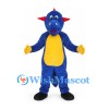 Monster Mascot Costume in Blue with Red Horns and Yellow Belly