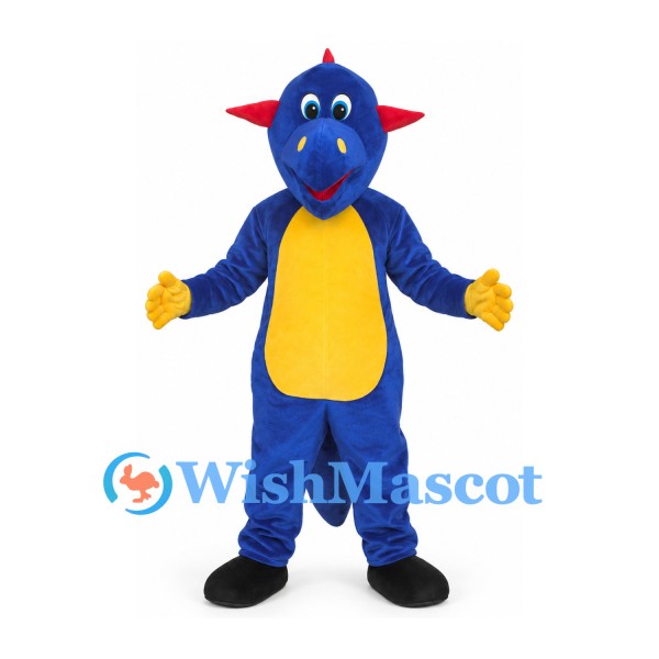 Monster Mascot Costume in Blue with Red Horns and Yellow Belly