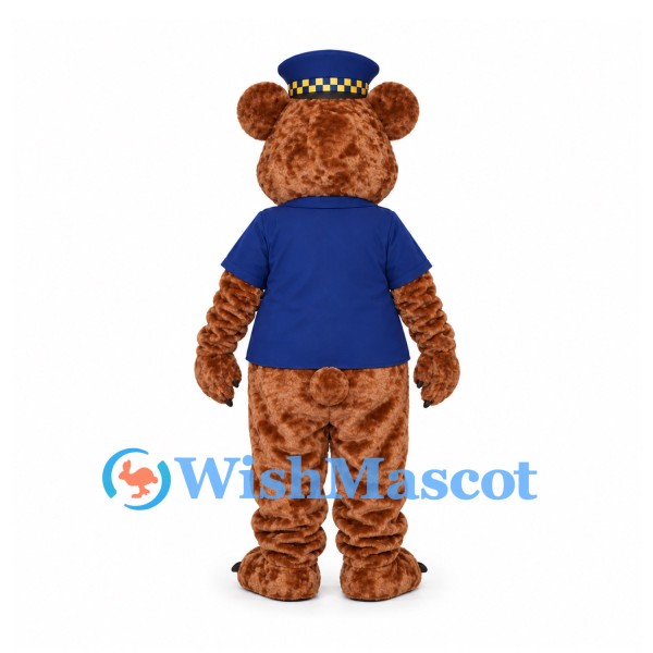 Bear Mascot Costume with Navy Uniform and Checkered Cap