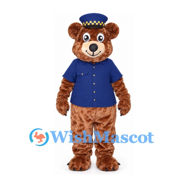Bear Mascot Costume with Navy Uniform and Checkered Cap