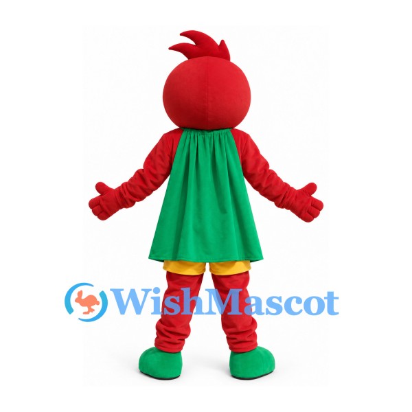 Tomato Superhero Mascot Costume with Green Cape and Yellow Shorts