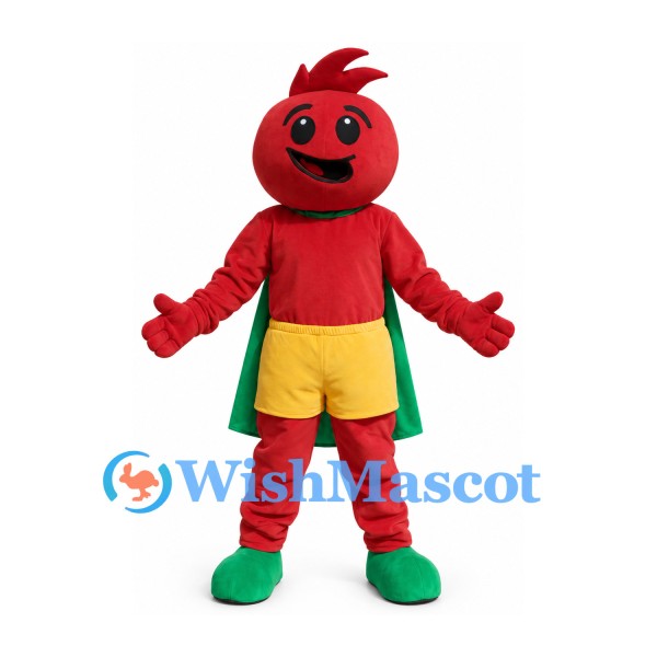 Tomato Superhero Mascot Costume with Green Cape and Yellow Shorts
