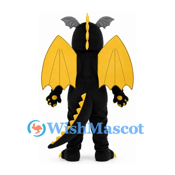 Dragon Mascot Costume in Black with Large Yellow Wings
