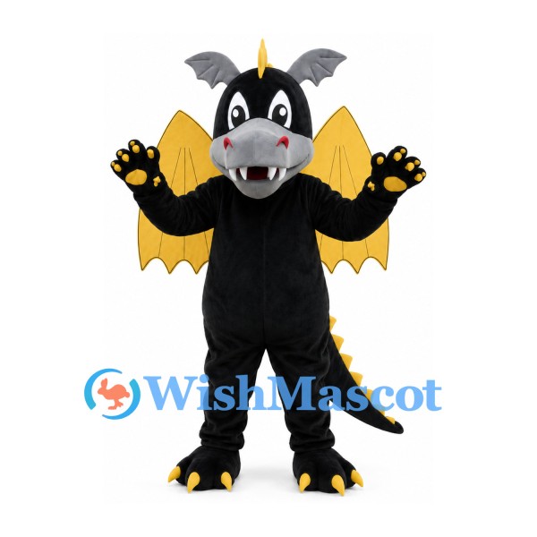 Dragon Mascot Costume in Black with Large Yellow Wings